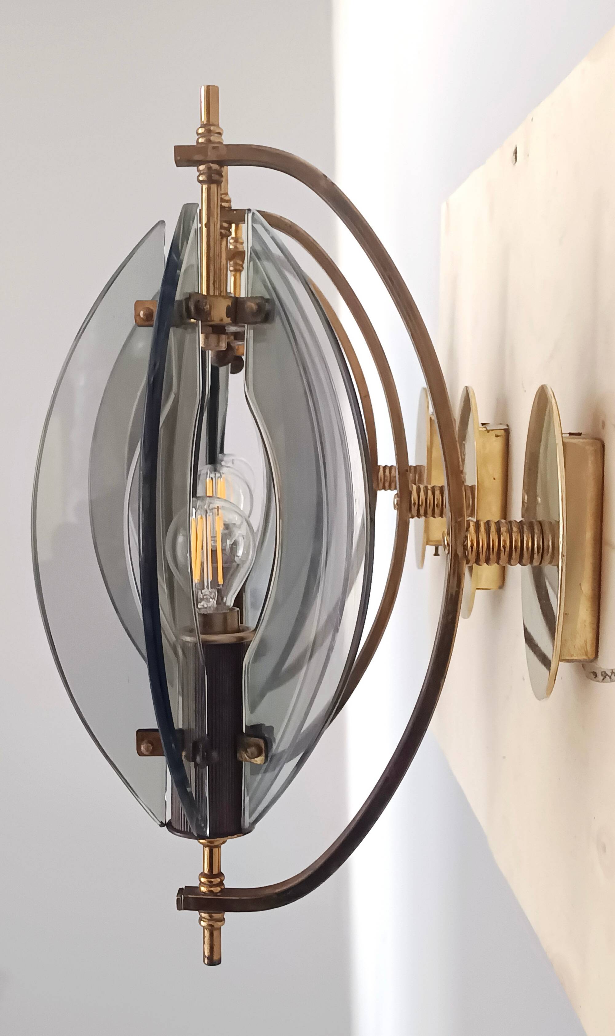 Smoked Glass and Brass Applique / Wall Light by Gino Paroldo