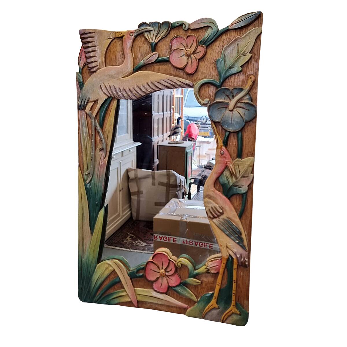 Vintage Balinese Wooden Mirror With Herons And Flowers, 1980/90s