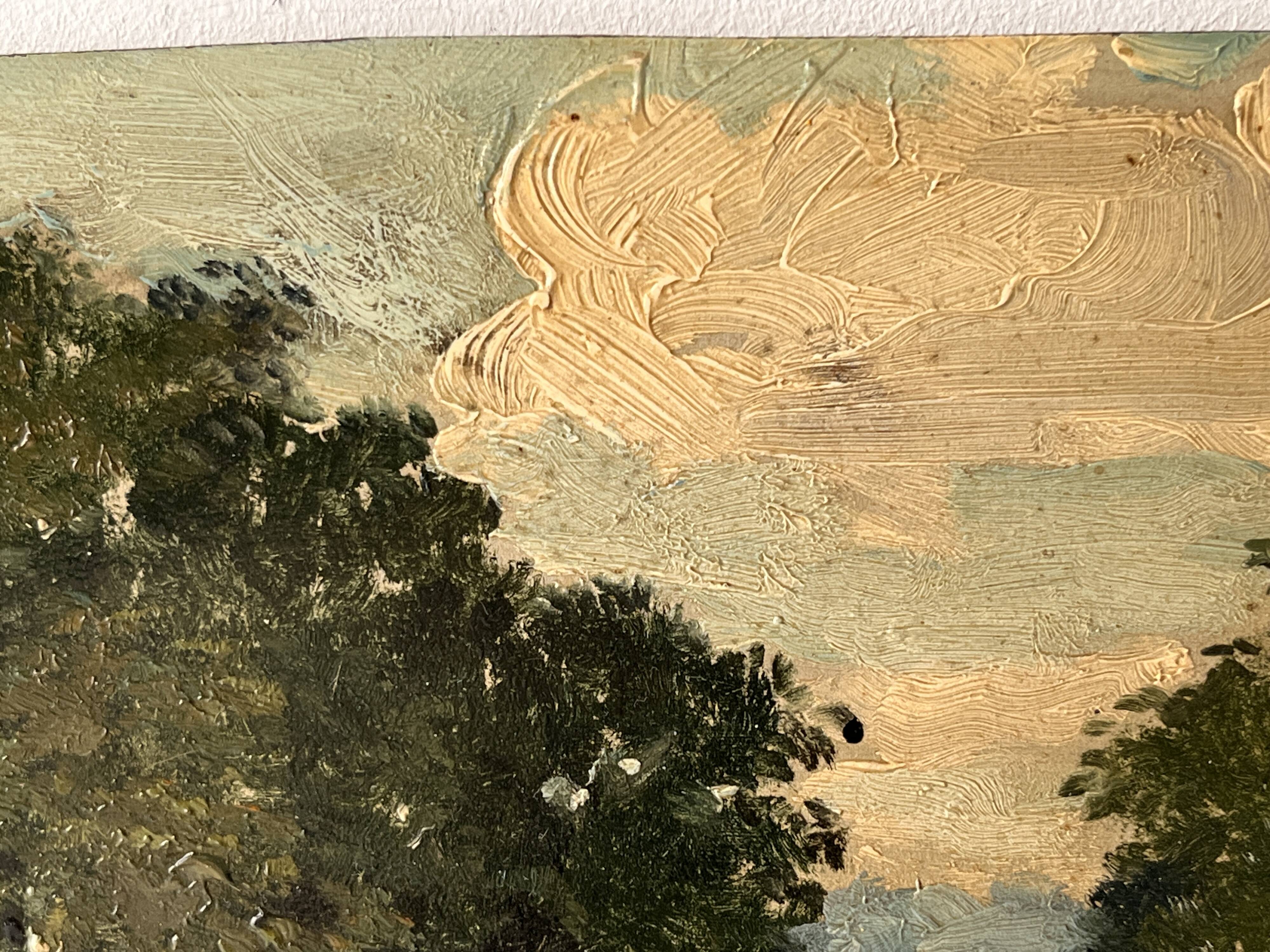 Oil painting of a countryside landscape circa 1920, rural scene signed.