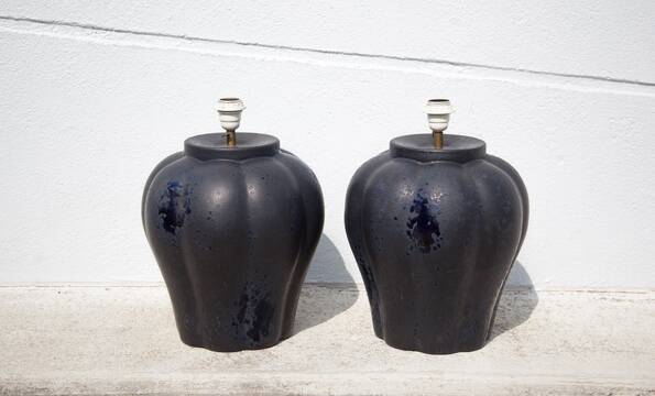pair of night blue ceramic lamps in pumpkin shape, vintage lamp