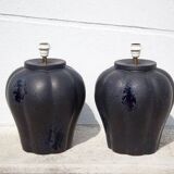 pair of night blue ceramic lamps in pumpkin shape, vintage lamp