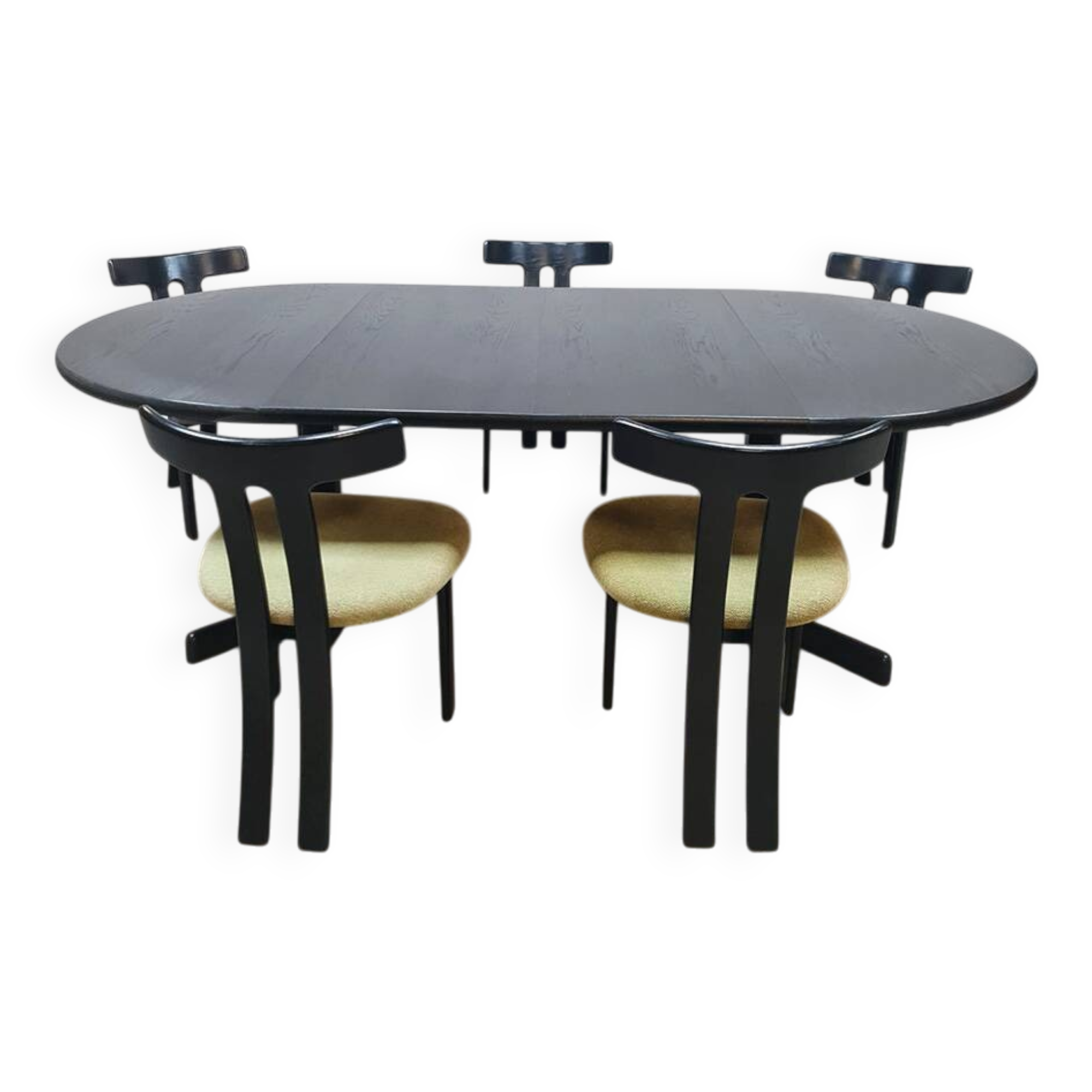 Midcentury 'T-shape' black oak extendable dining set vintage