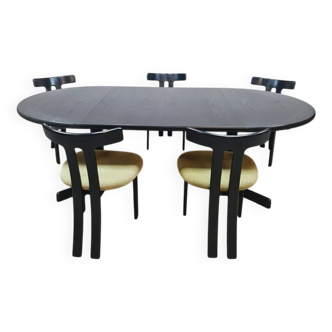 Midcentury 'T-shape' black oak extendable dining set vintage