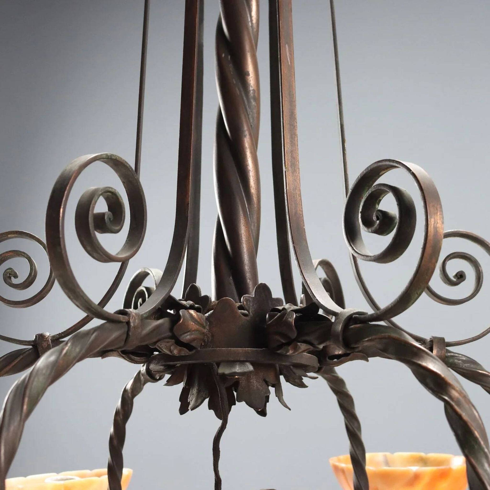 Antique Art Nouveau metal chandelier with 6 lights, Italy, 20th century.