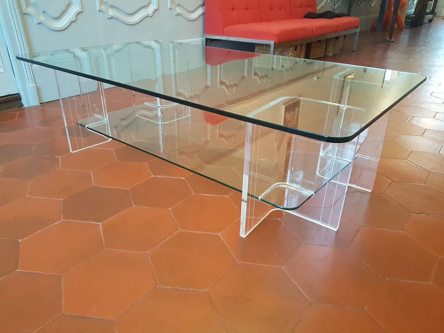 Large glass and plexi table 70s