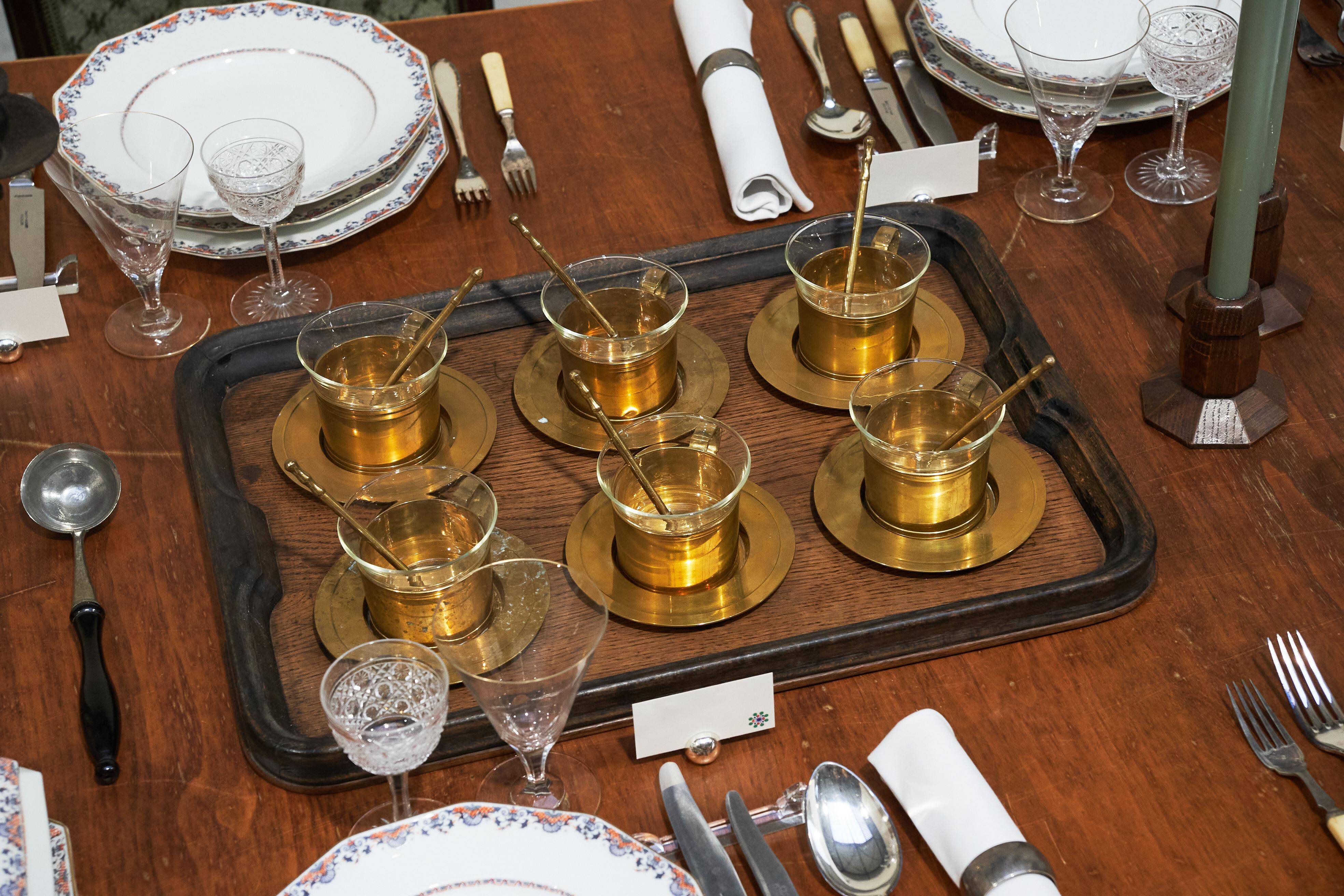 Mid-century tea service in patinated brass and glass