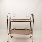 Chrome-plated metal and plywood serving trolley, 1970