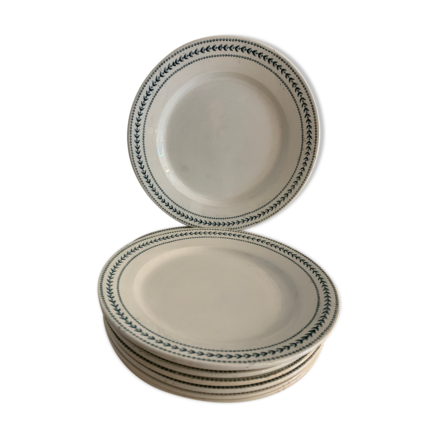 8 flat plates in opaque porcelain from Gien Terre de Fer, model Lauriers, XXth