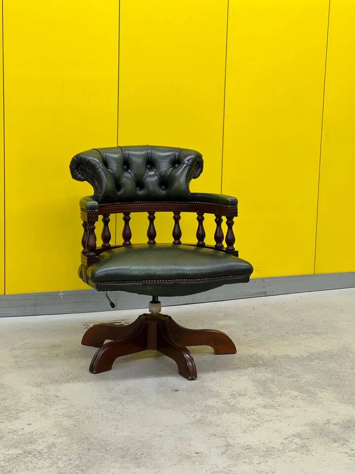 Chesterfield Revolving Captain's Chair with Green Leather Upholstery