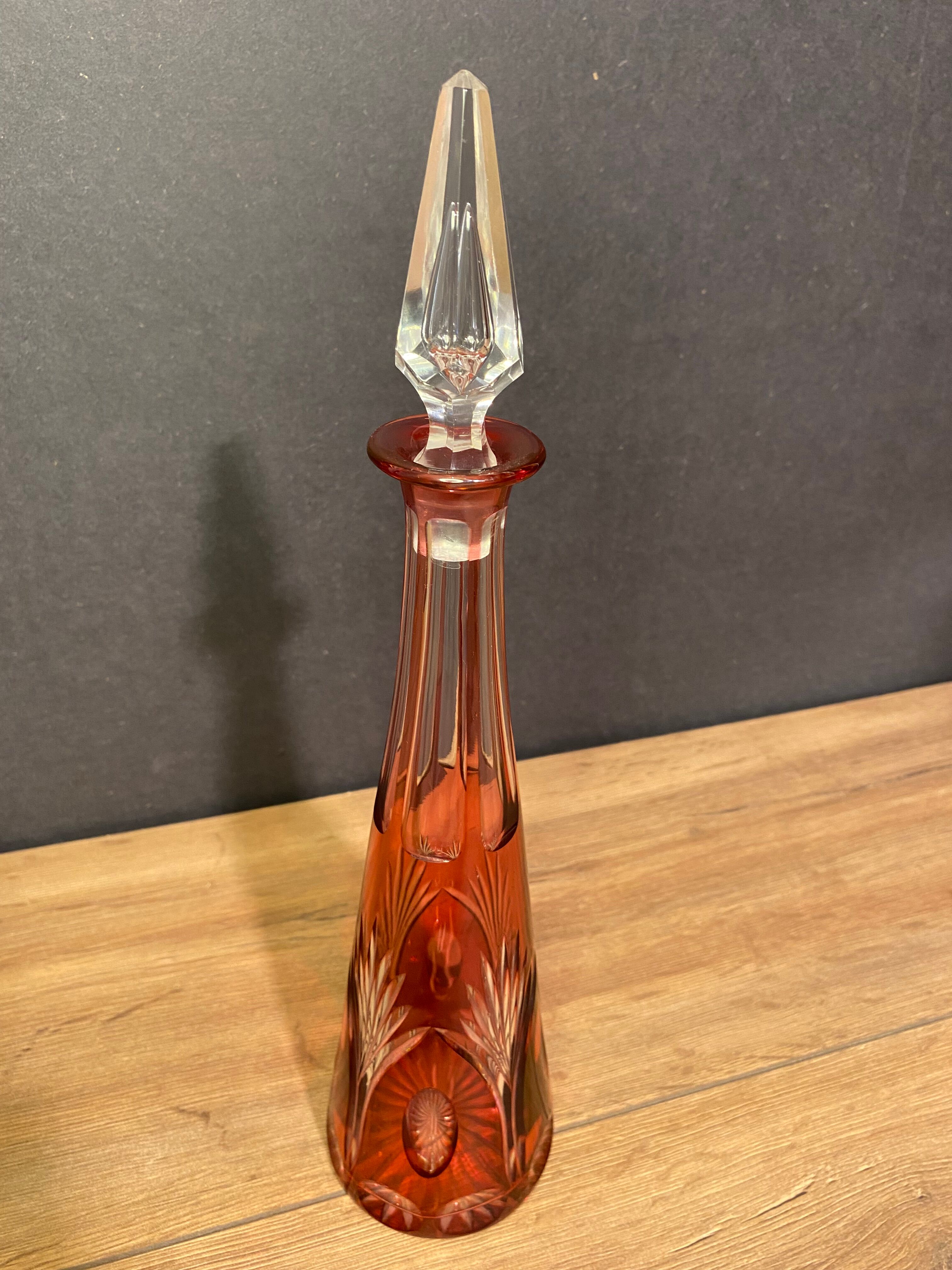 Piriform decanter in cut and tinted red crystal Overlay, Baccarat, Saint Louis