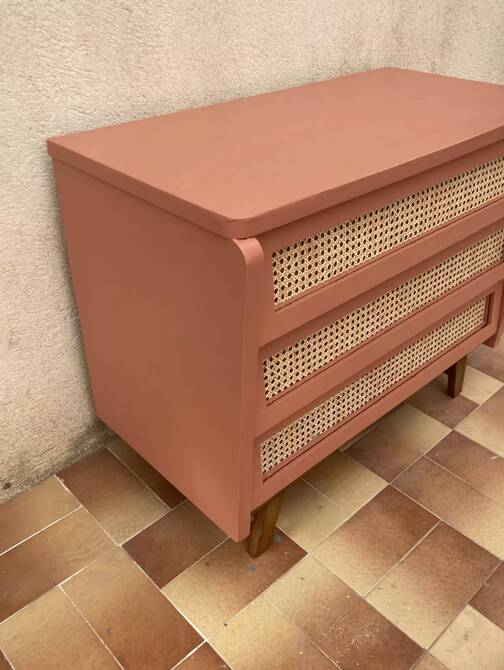 Restored vintage rattan chest of drawers in terracotta shade 1960