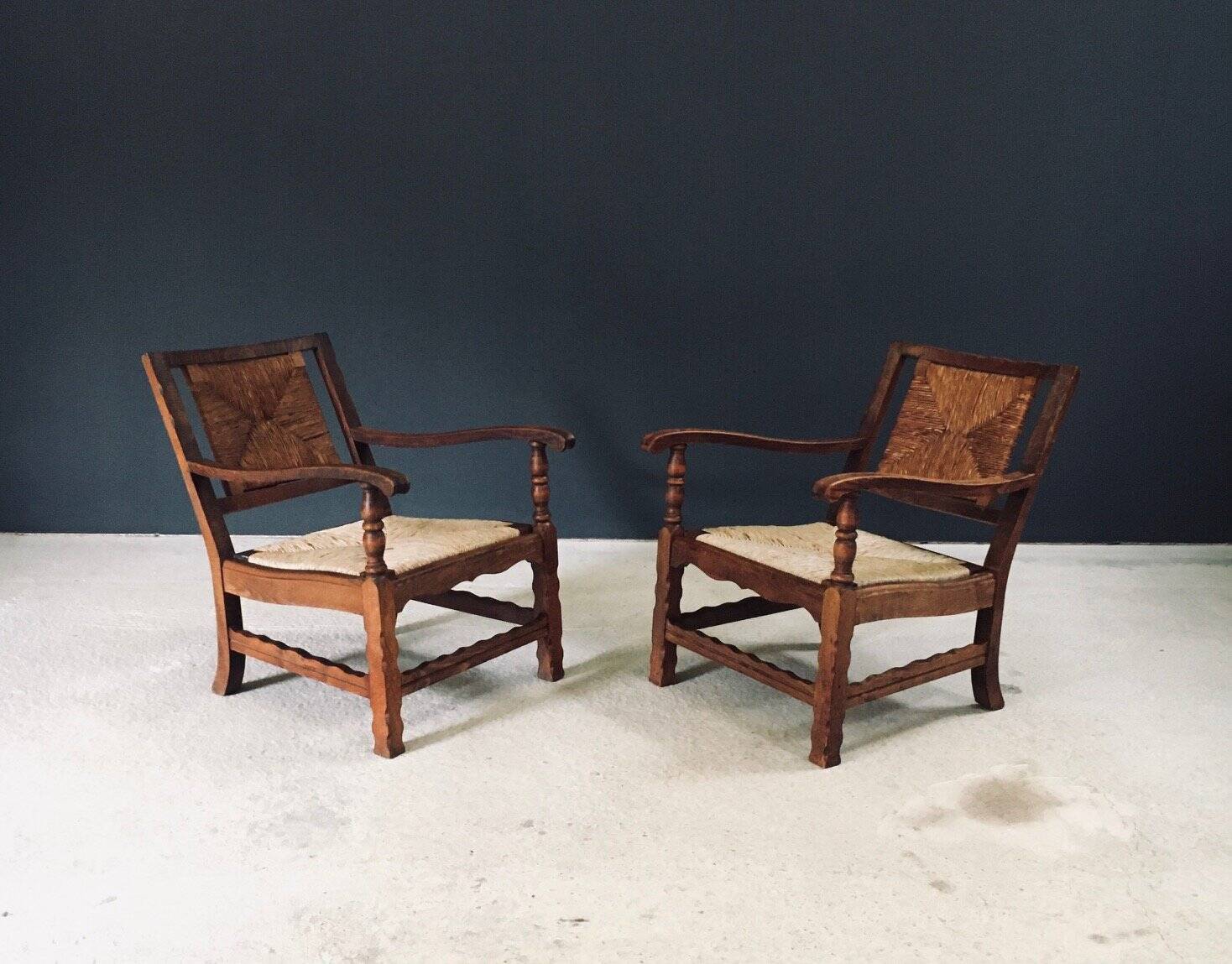Arts & Crafts Handcrafted Low Lounge Armchairs, Belgium, 1920s, Set of 2