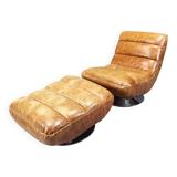 Vintage leather swivel chair with stool, 1970s