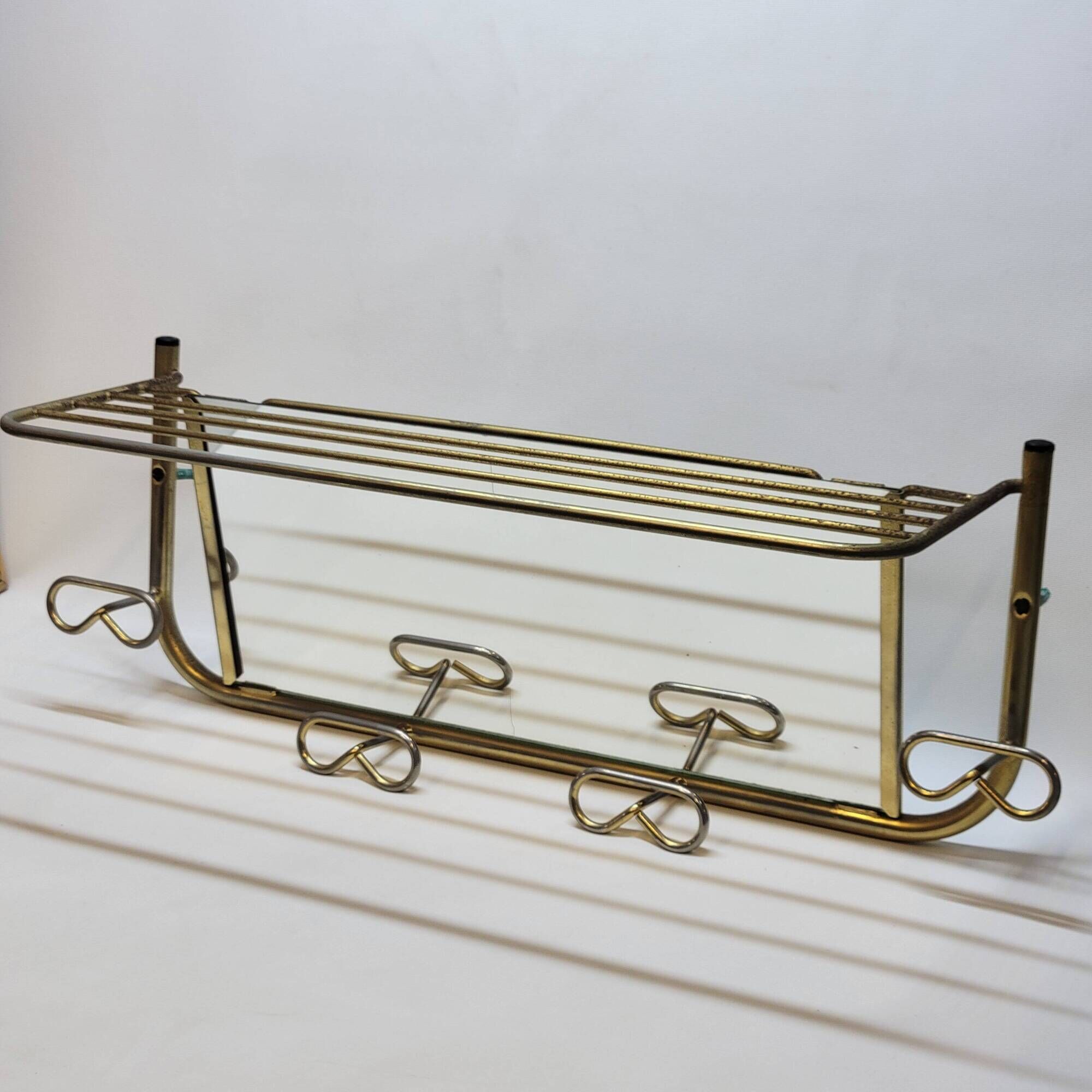 Coat rack with 4 hooks with shelf and vintage mirror in golden metal
