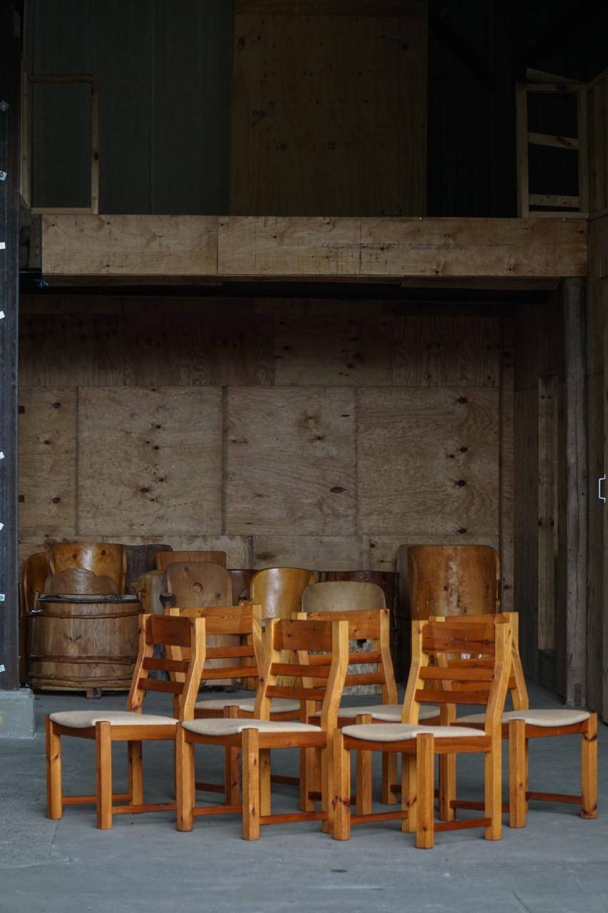 Set of 6 brutalist pine chairs, Hans Frydendal, Danish modernism, 1970s.