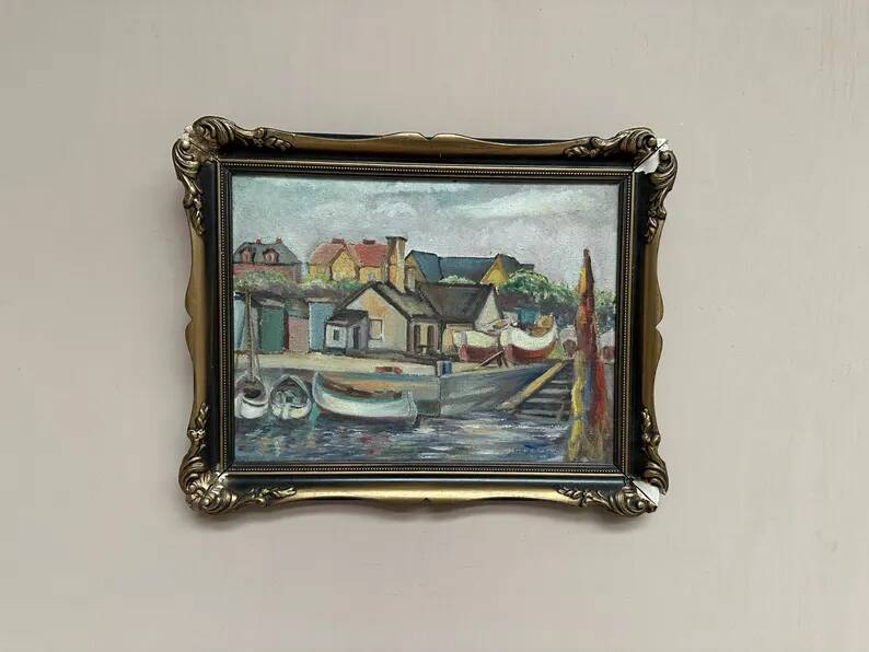 Original Swedish Oil on Panel – “Village and Harbour” by G. Fogler – Signed – Vintage & Framed – 49 × 39 cm (19.2" × 15.3")