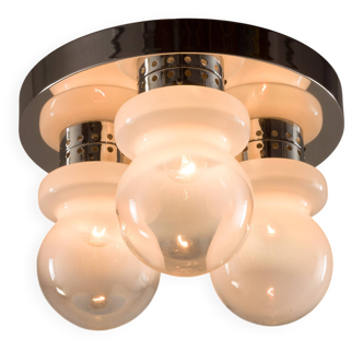 Italian chrome and Murano glass Mazzega flush mount ceiling light.