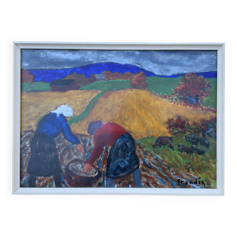 Vintage Oil Painting Landscape Harvesting signed by Svan Grandin