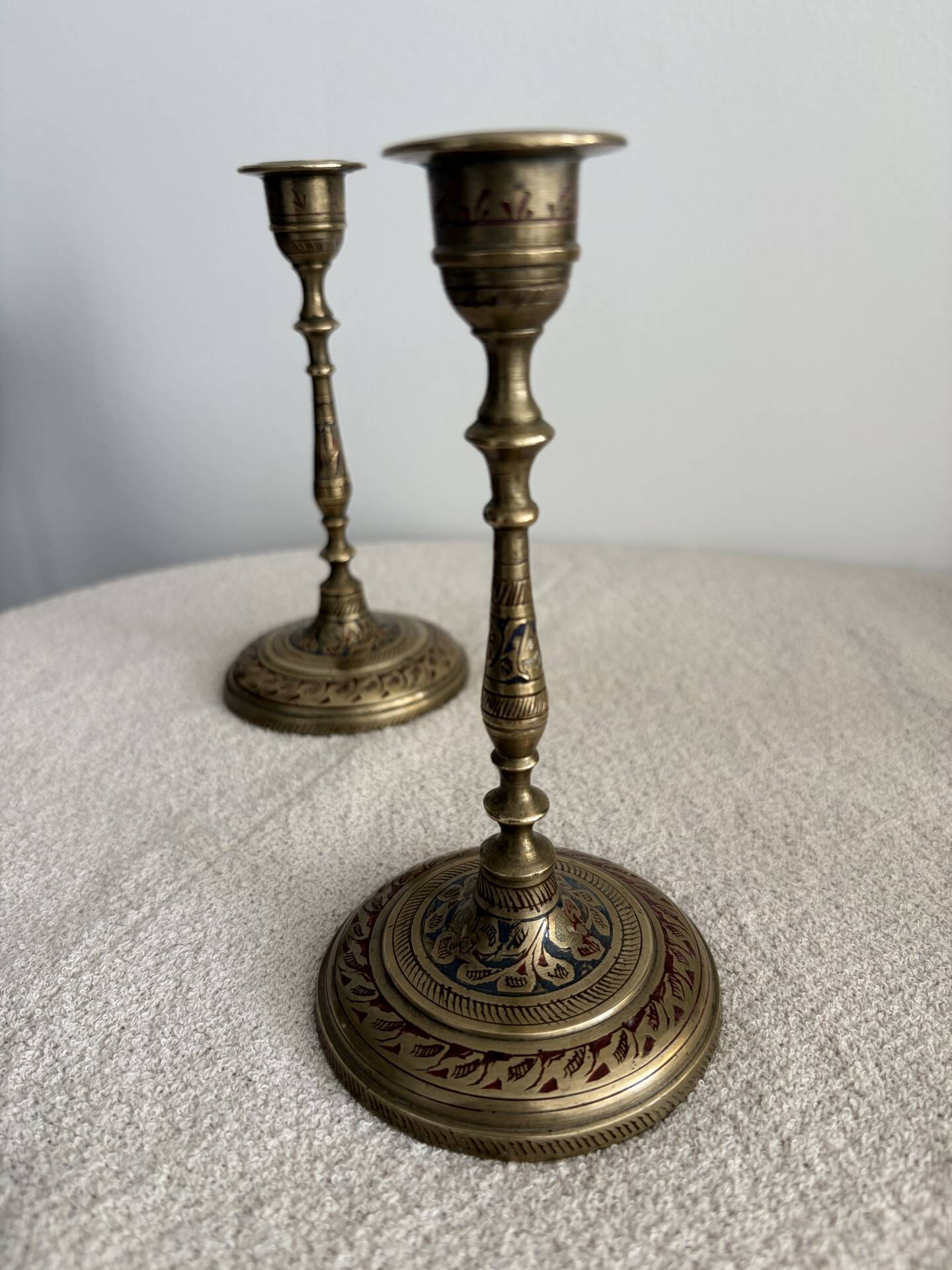 Pair of Vintage Etched Brass & Enamel Candlesticks - India,Mid-Century