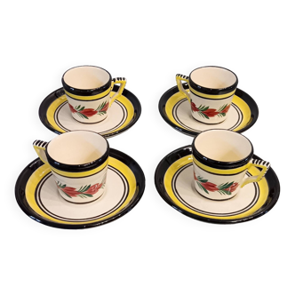 4 Henriot Quimper France cups and saucers, floral pattern