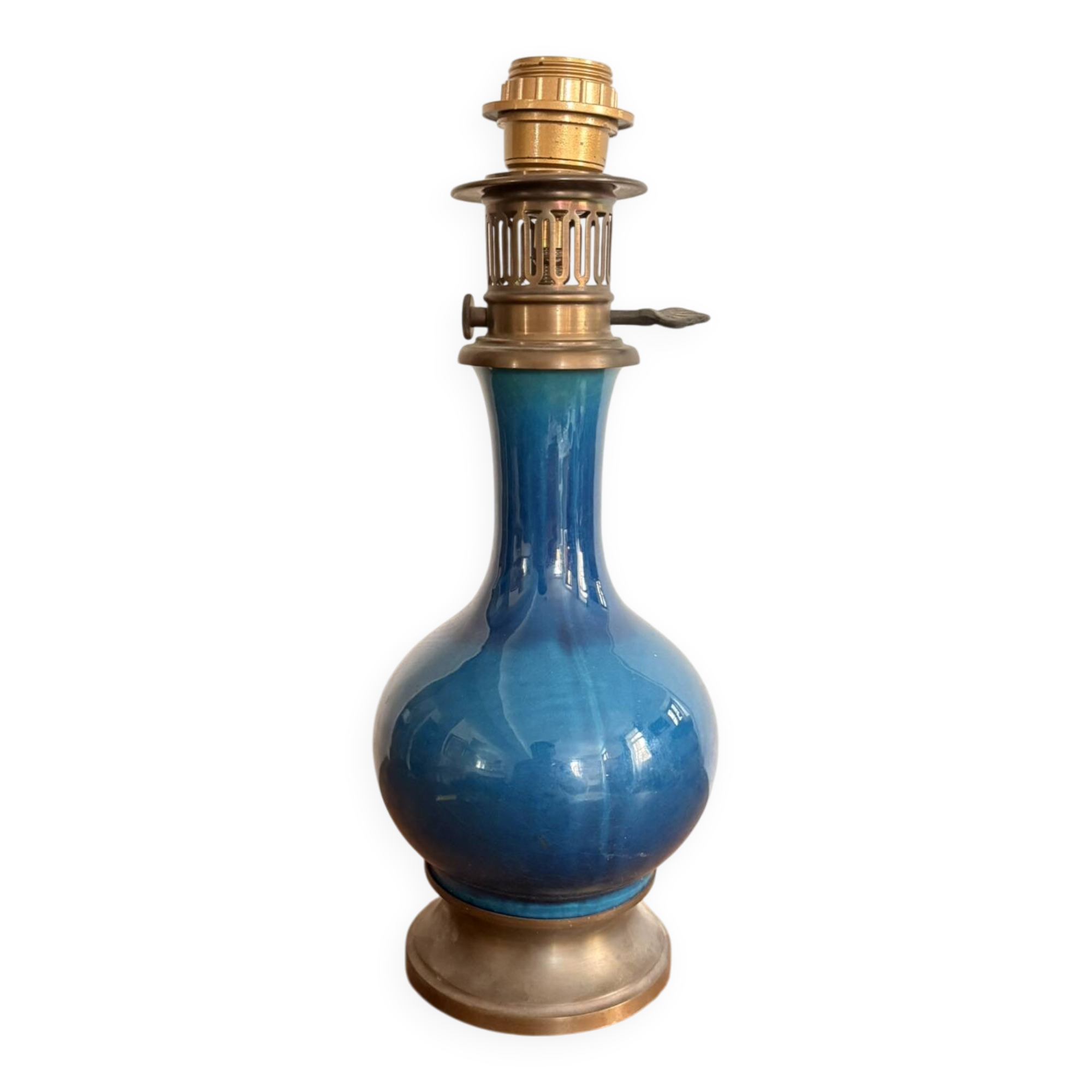 Blue Enamelled Ceramic Lamp Base Brass Vintage Oil Lamp Style
