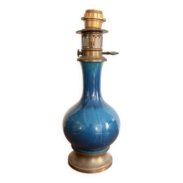 Blue Enamelled Ceramic Lamp Base Brass Vintage Oil Lamp Style