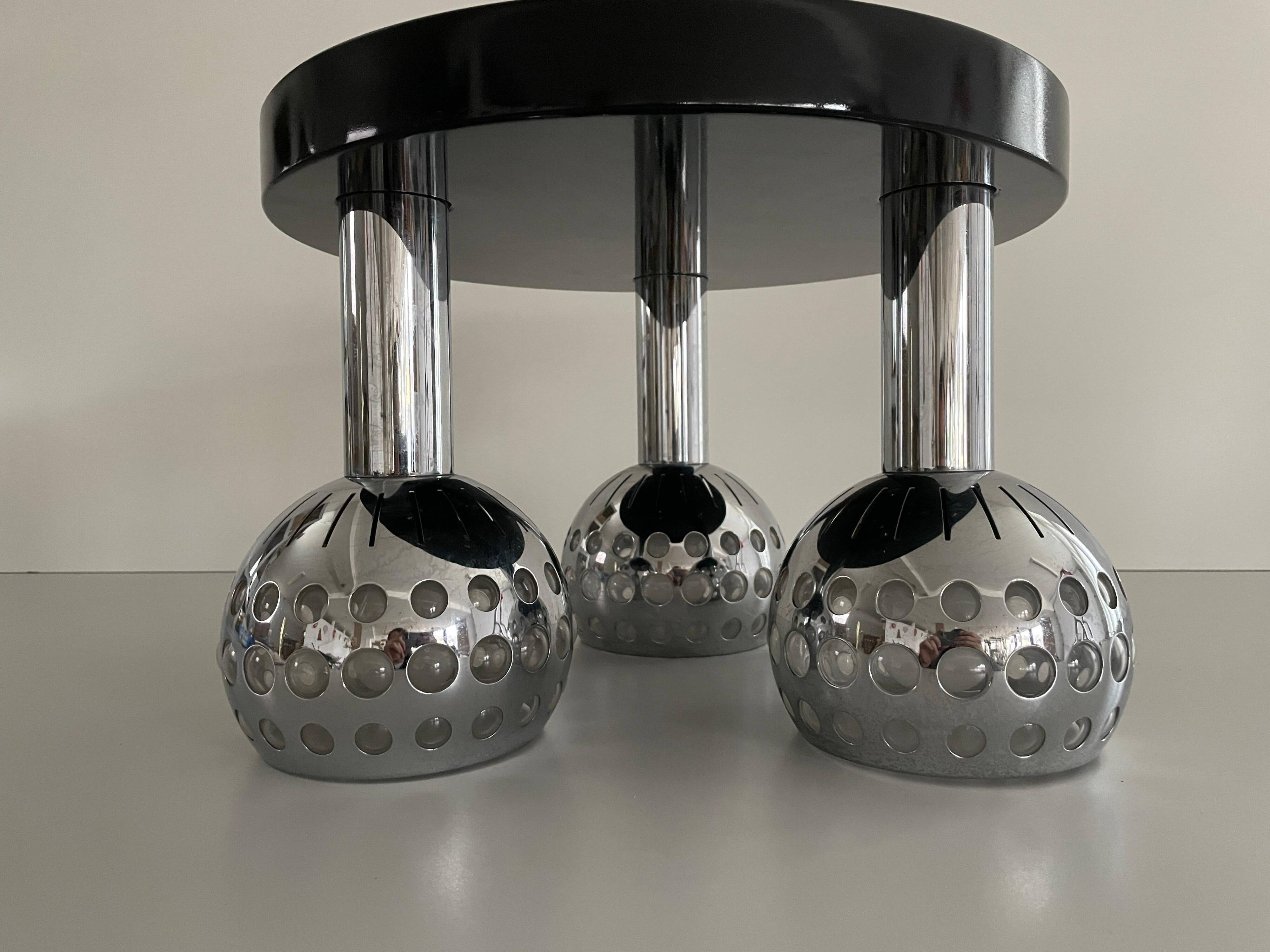 Mid-century ceiling light with 3 shades and wooden base, 1960s, Italy.