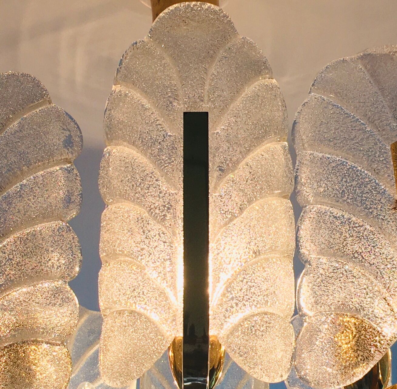 Scandinavian Brass Chandelier with 10 Glass Leaves by Carl Fagerlund for Orrefors, Sweden, 1960s