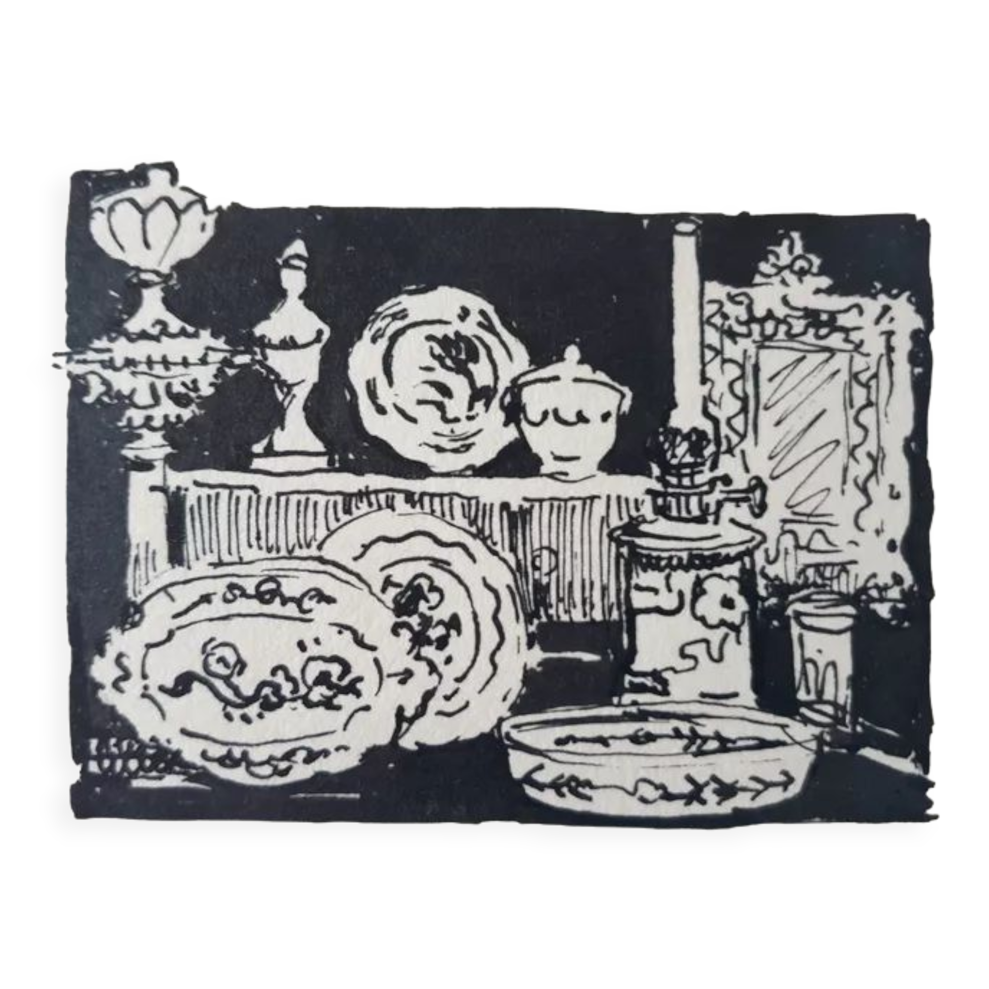 André Duculty (1912-1990) India ink on paper "Chez l'antiquaire" Monogrammed lower left