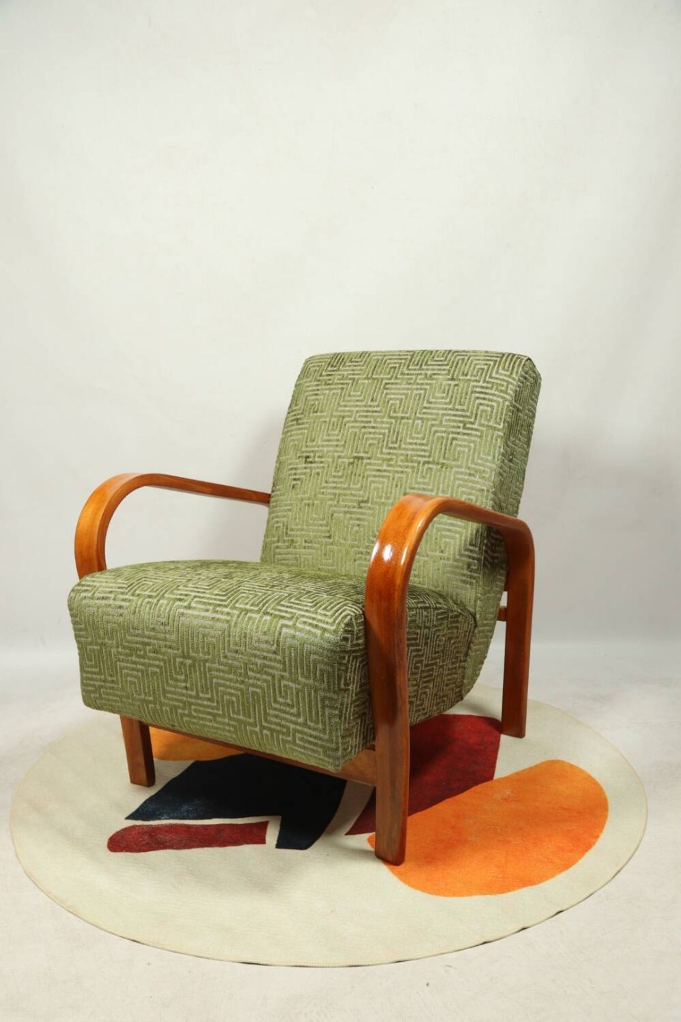Art Deco armchair in green geometric jacquard by Kropacek Kozelek 1950