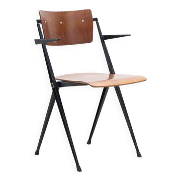 Vintage Pyramid chair with armrests by Wim Rietveld, oak and black