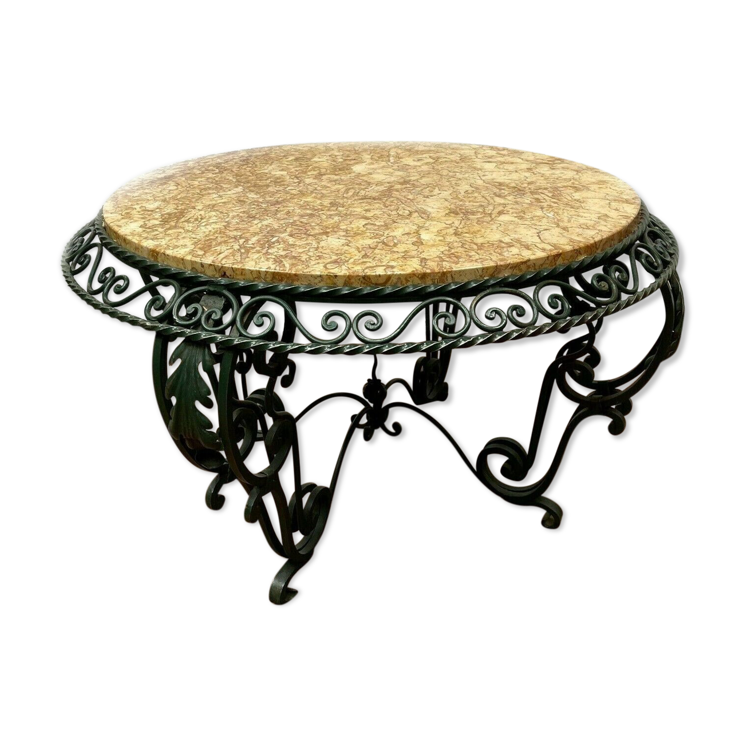 Round living room table in wrought iron and marble XX century