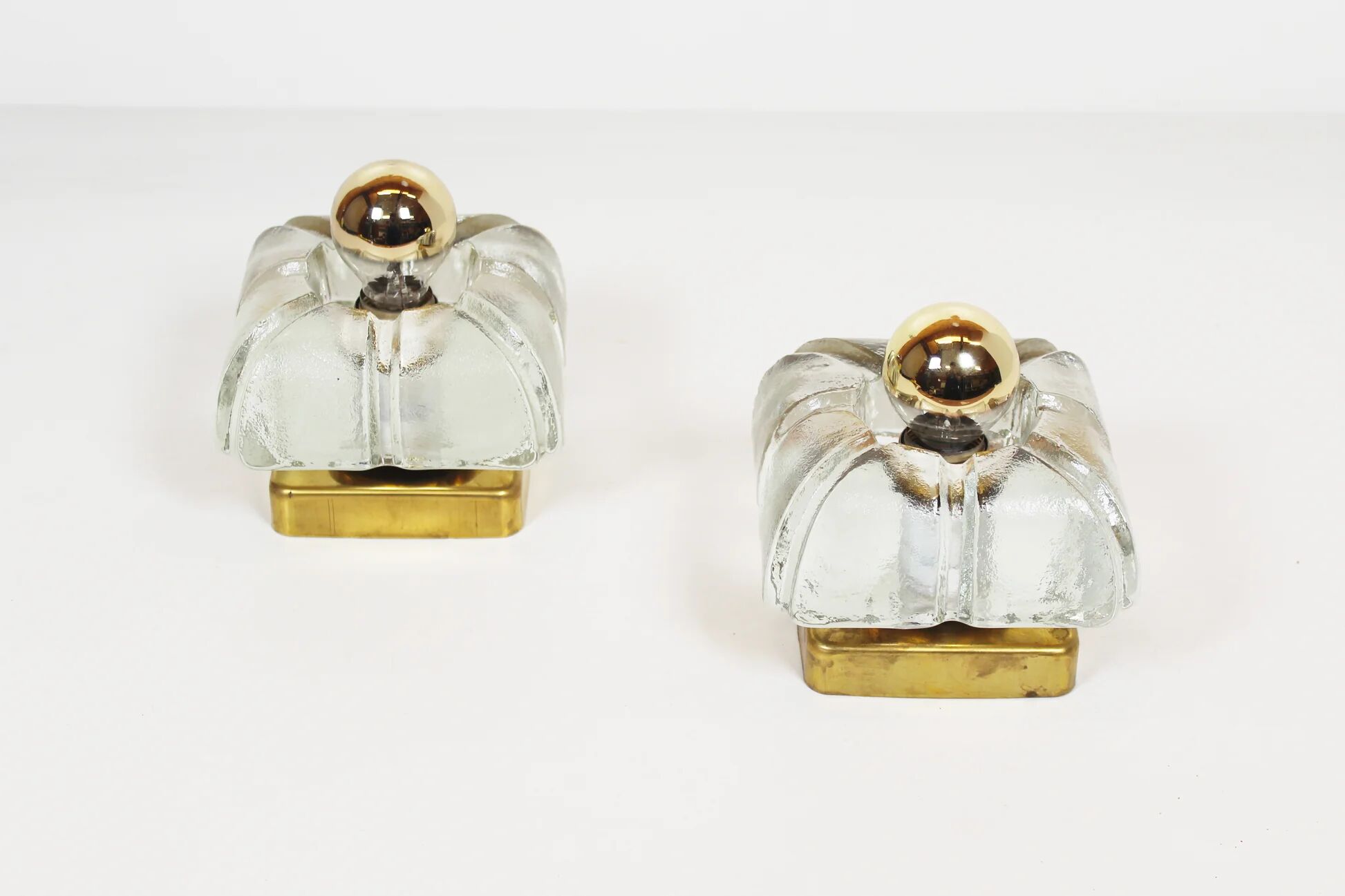 Pair of ice glass and brass wall lamps by Sische