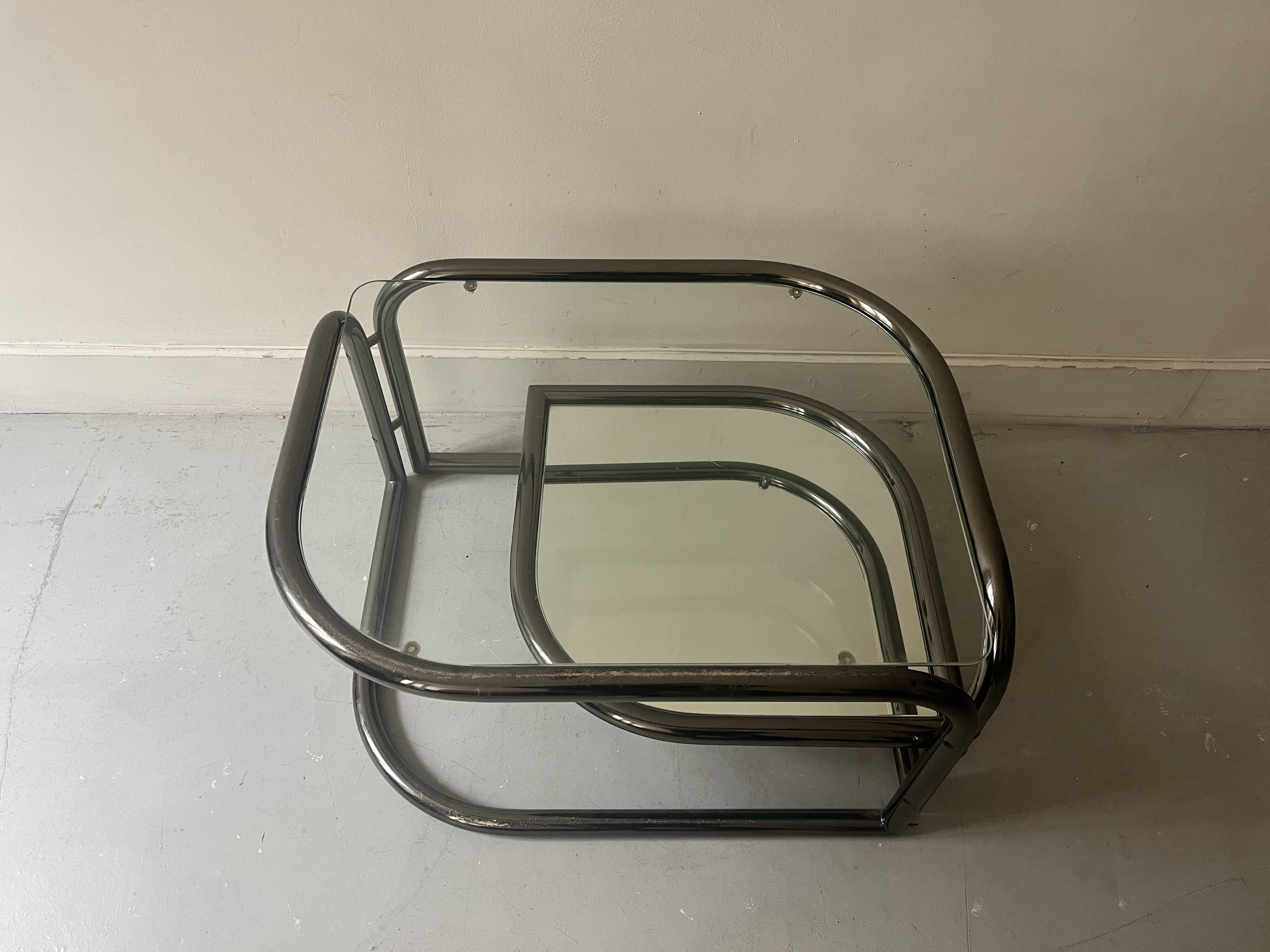rotating coffee table drop in tubular chrome metal, glass and mirror, design 1970