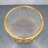 1960s Italian rattan coffee table with glass top, mid-century round design