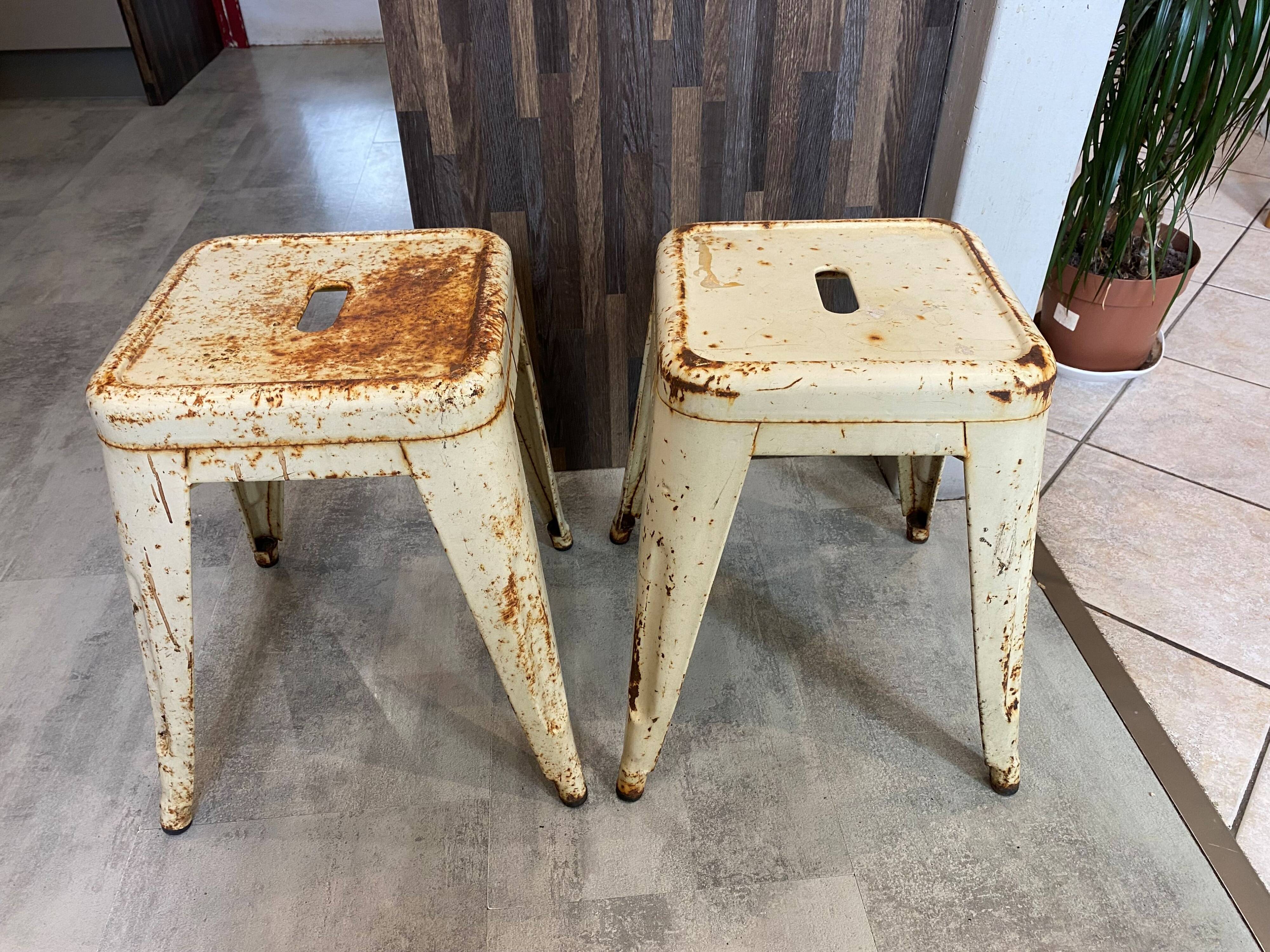 Authentic pair of Xavier Pauchard industrial Tolix metal stools 50