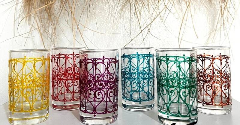 6 multicoloured hand-painted oriental style tea glasses