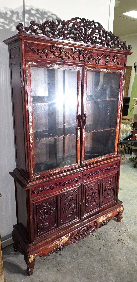 Asia 19th century: Ancient lacquer library, richly carved and decorated.