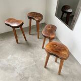 Set of 5 olive tree tripod stools from the 50s