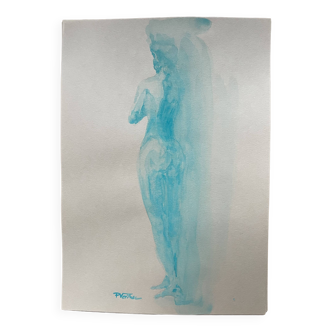 Tableau signé aquarelle monochrome turquoise femme sous la douche
