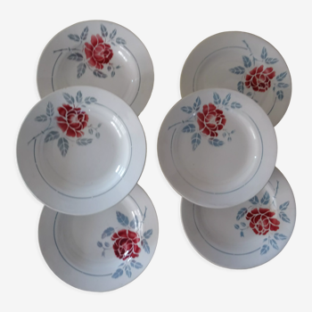 6 assiettes Saint Amand faience ancienne  381112 fleurs rose rouge