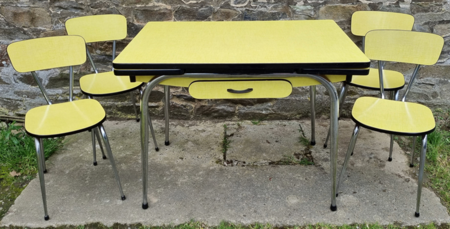 Yellow formica table, 4 formica chairs and 2 matching stools, vintage, 60s.