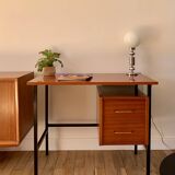 lacquered wood desk and black steel legs design from the 60s and 70s