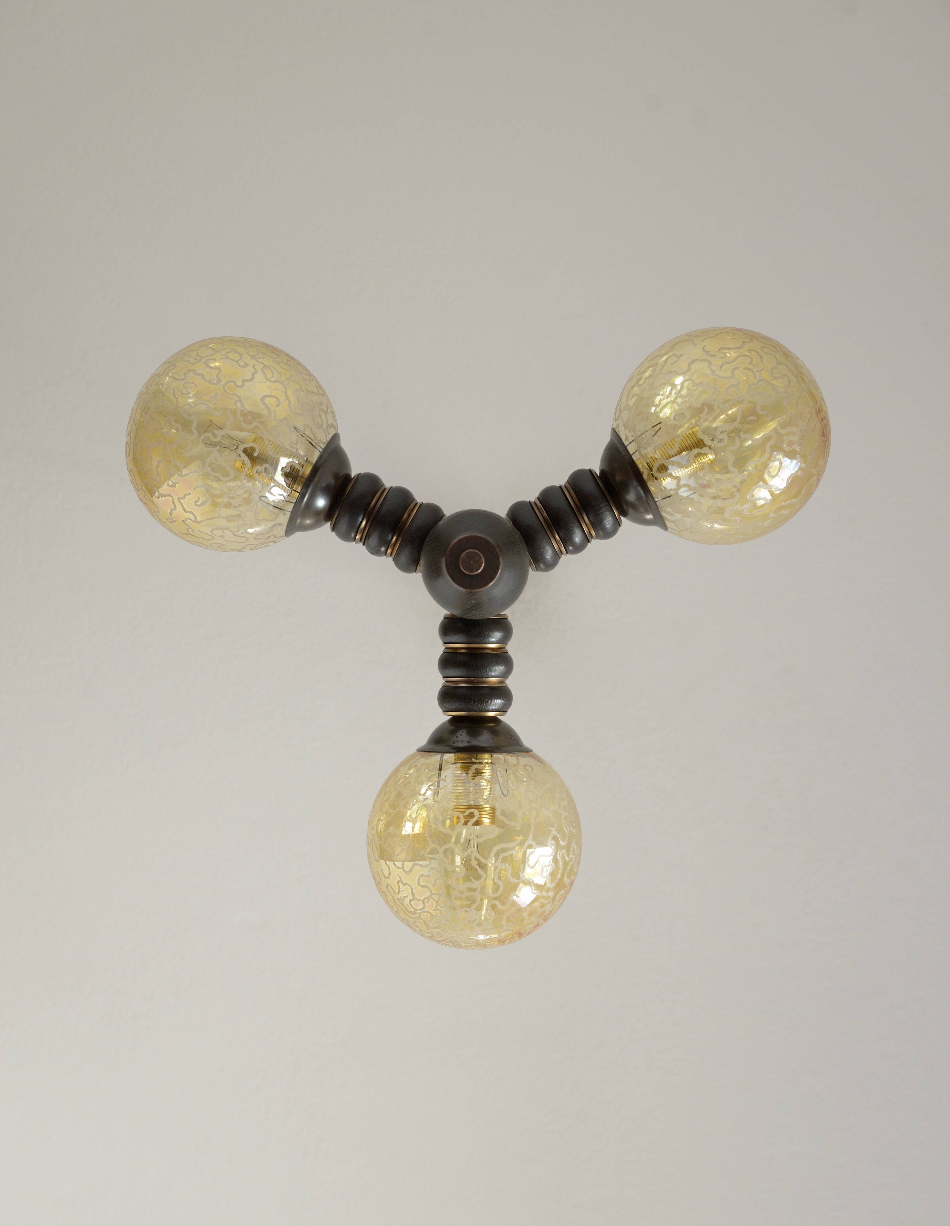 Wooden sputnik vintage pendant lamp / mid-century rustic hanging lamp 1970s