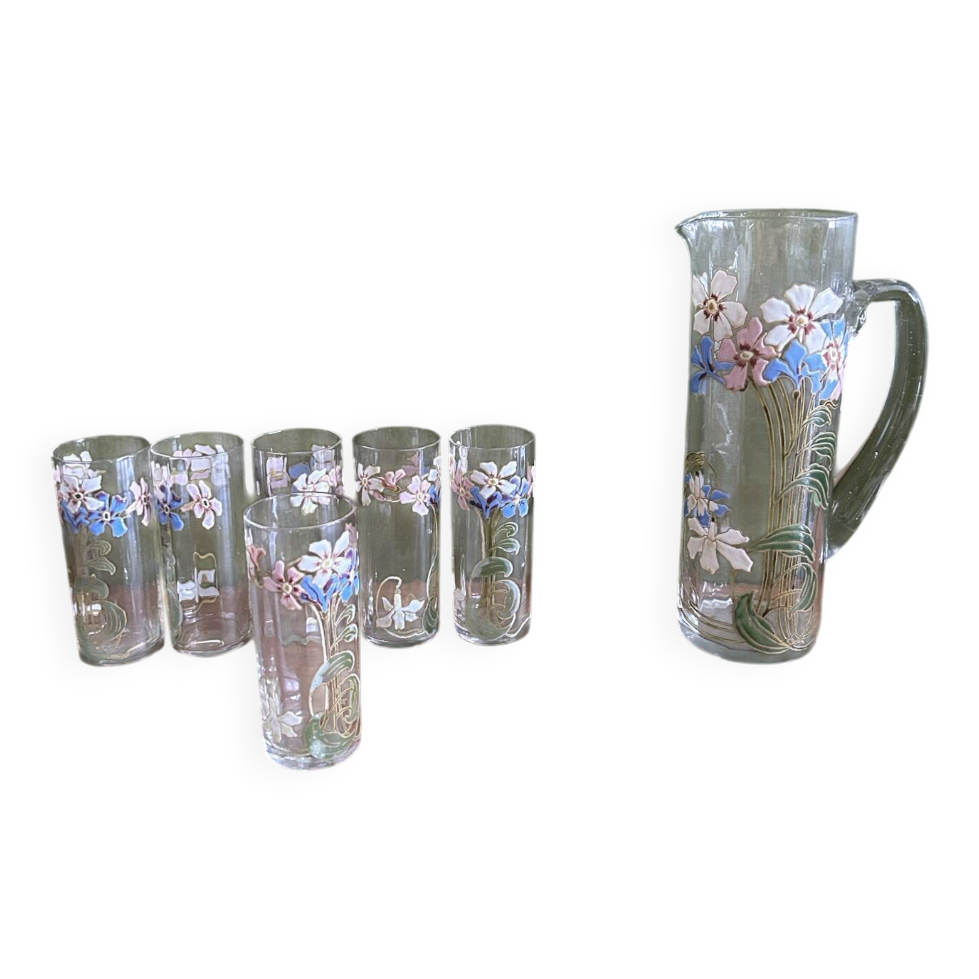 Set of carafe and 6 Legras glasses