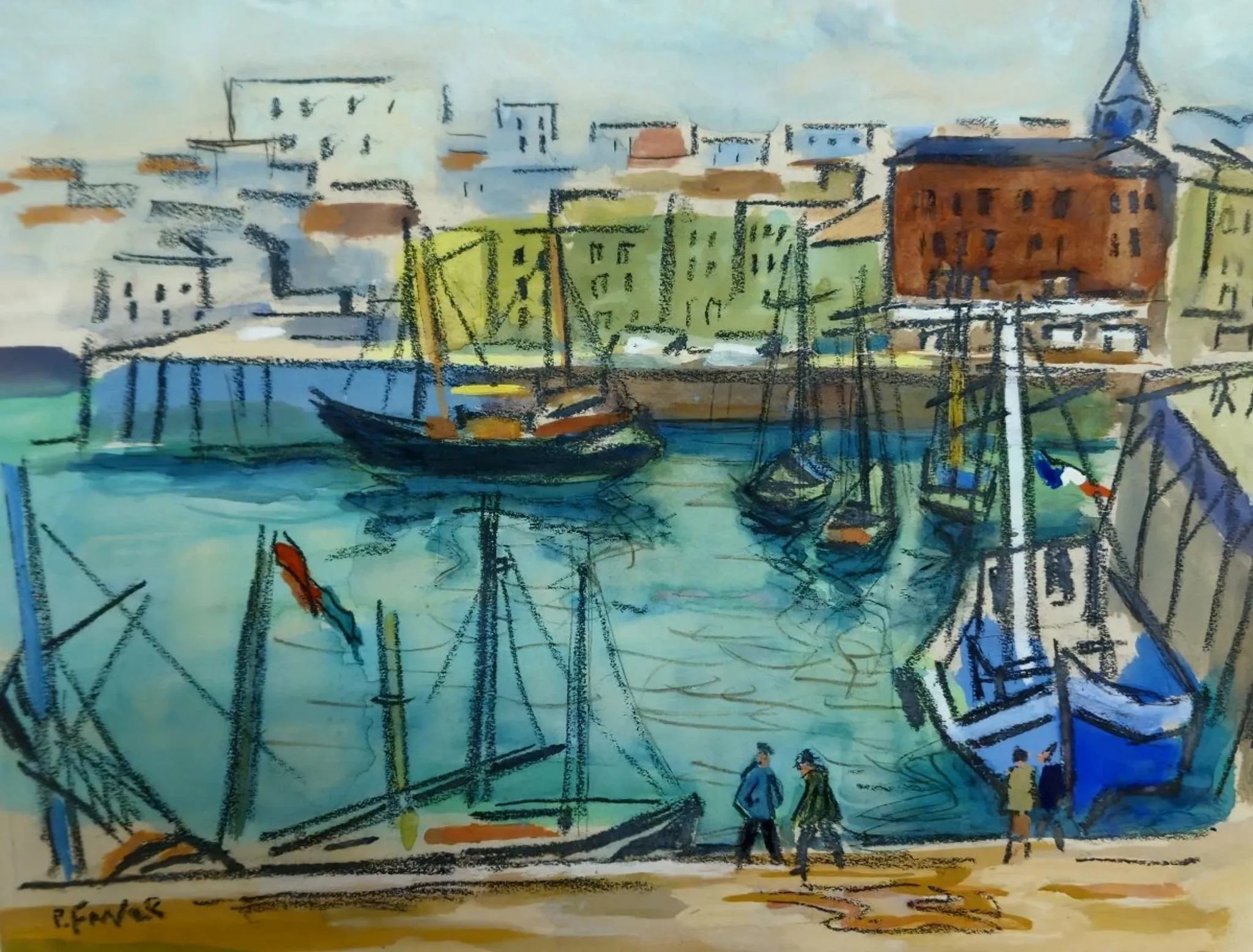 Watercolour / mixed media – Busy port – Signed R. Favier – Framed