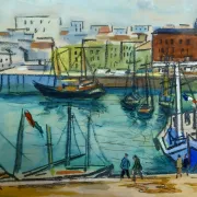 Watercolour / mixed media – Busy port – Signed R. Favier – Framed