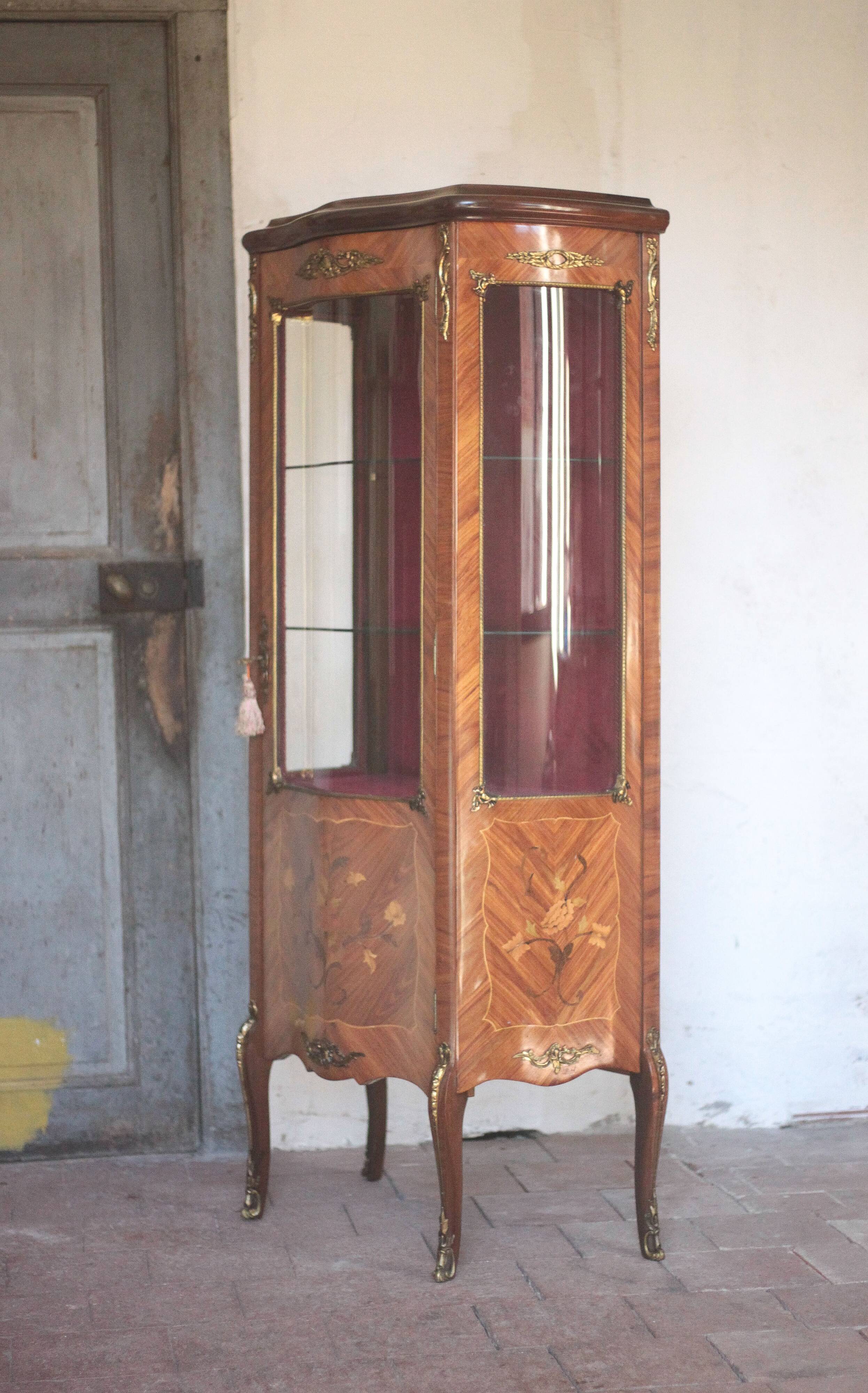 Marquetry display cabinet, curved Louis XV style, signed Marquant