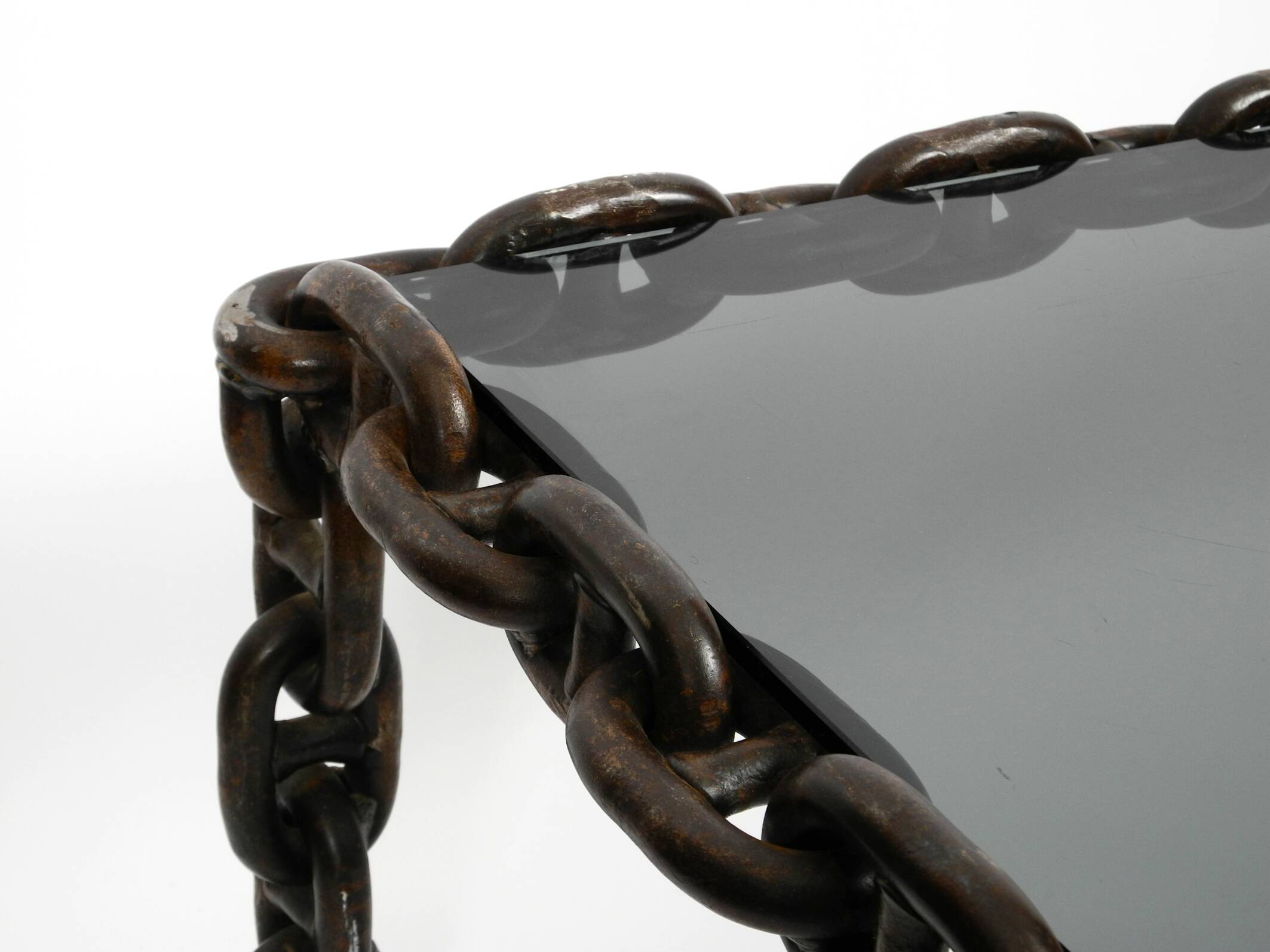 1970s XL Coffee Table Made of Nautical Iron Chain and a Thick Smoked Glass