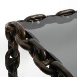 1970s XL Coffee Table Made of Nautical Iron Chain and a Thick Smoked Glass